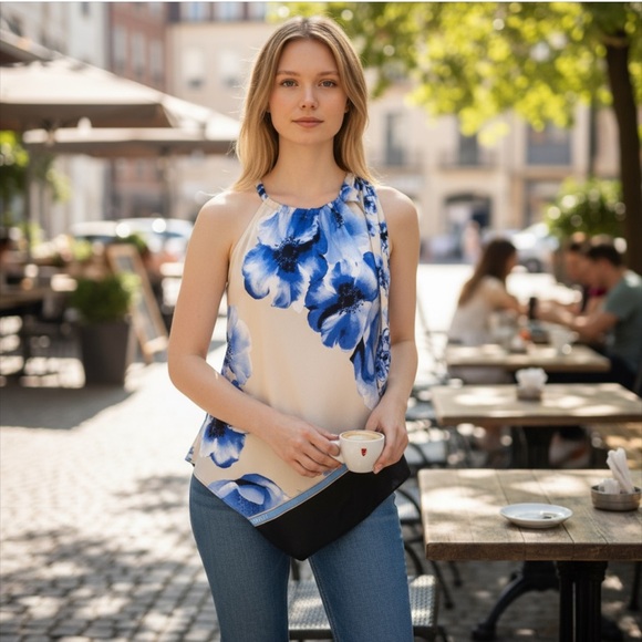 New York & Company Tops - New York & Co. Floral Tie Neck Sleeveless Blouse Blue Tan Small
